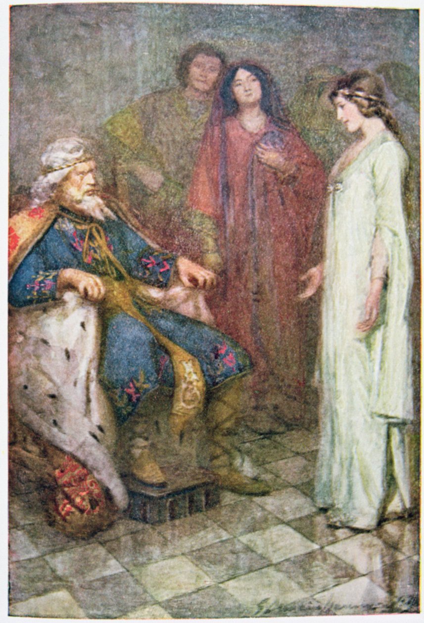 Semmi, Uram, illusztráció a „Lear királyból” a „Shakespeare-történetek: Thomas Carter által újra elmesélt” c. 1910 körül (színes litó) alkotó: Gertrude E. Demain Hammond