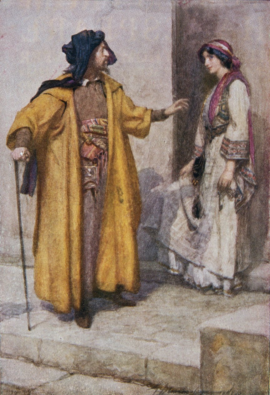 Shylock odaadta neki a kulcsait, és megkért neki, hogy őrizze a házat. Illusztráció a "Shakespeare-i kereskedő"-ből a "Shakespeare-történetek: Thomas Carter által újra elmesélt" 1910 körül jelent meg (színes litó) alkotó: Gertrude E. Demain Hammond
