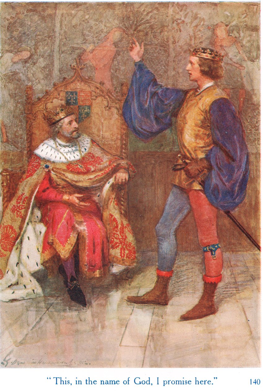 „Ezt, Isten nevében, megígérem itt”, illusztráció a „Shakespeare történetei az angol királyokról” című könyvből, amelyet George Harrap & Son adott ki. alkotó: Gertrude E. Demain Hammond