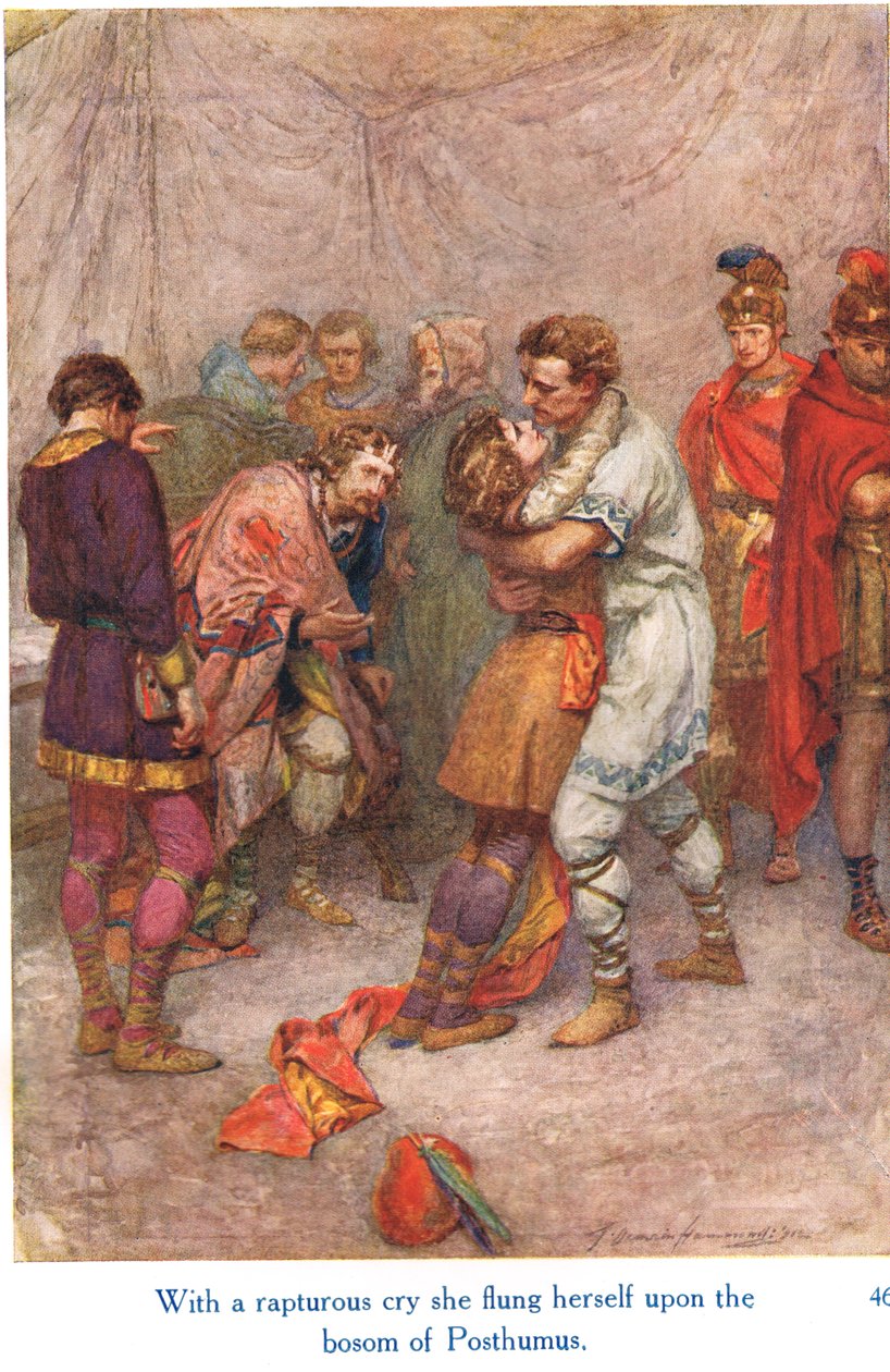 „Elragadtatott kiáltással a Posthumus kebelére vetette magát”, illusztráció a „Shakespeare történetei az angol királyokról” című könyvből, amelyet George Harrap & Son adott ki. alkotó: Gertrude E. Demain Hammond