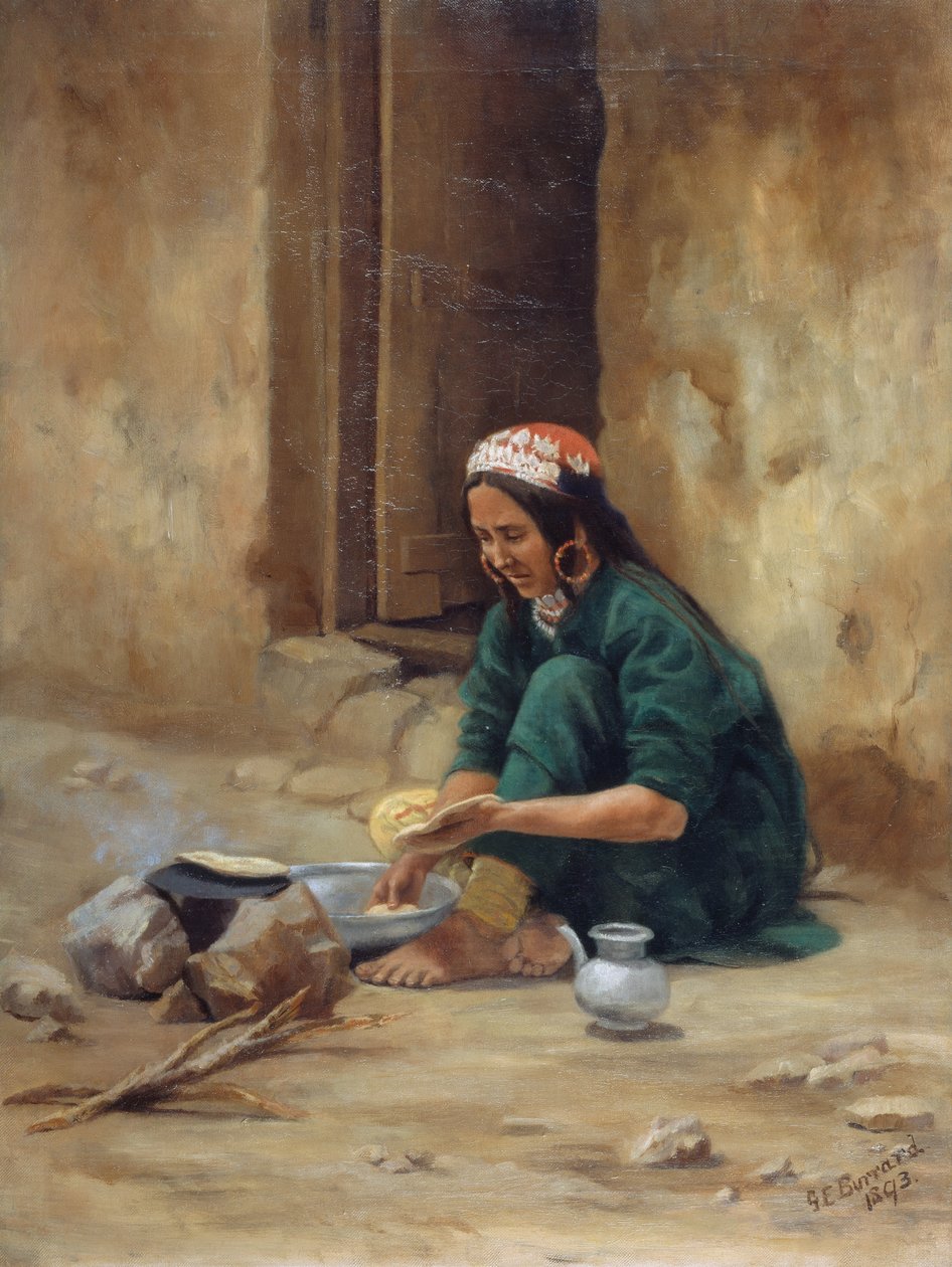 Egy hegyi nő Ladakhból, ételt főz, 1893 alkotó: Gertrude Ellen Burrard