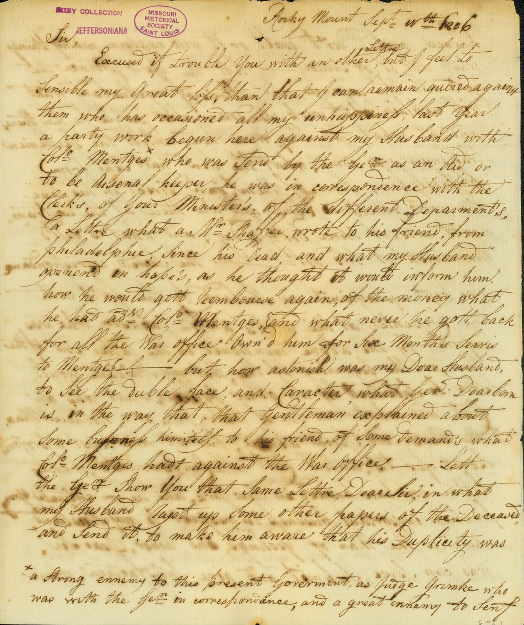 Levelet írt Gertrude Joan Senf, Rocky Mount, Thomas Jeffersonnak, 1806. szeptember 11 -én alkotó: Gertrude Joan Senf