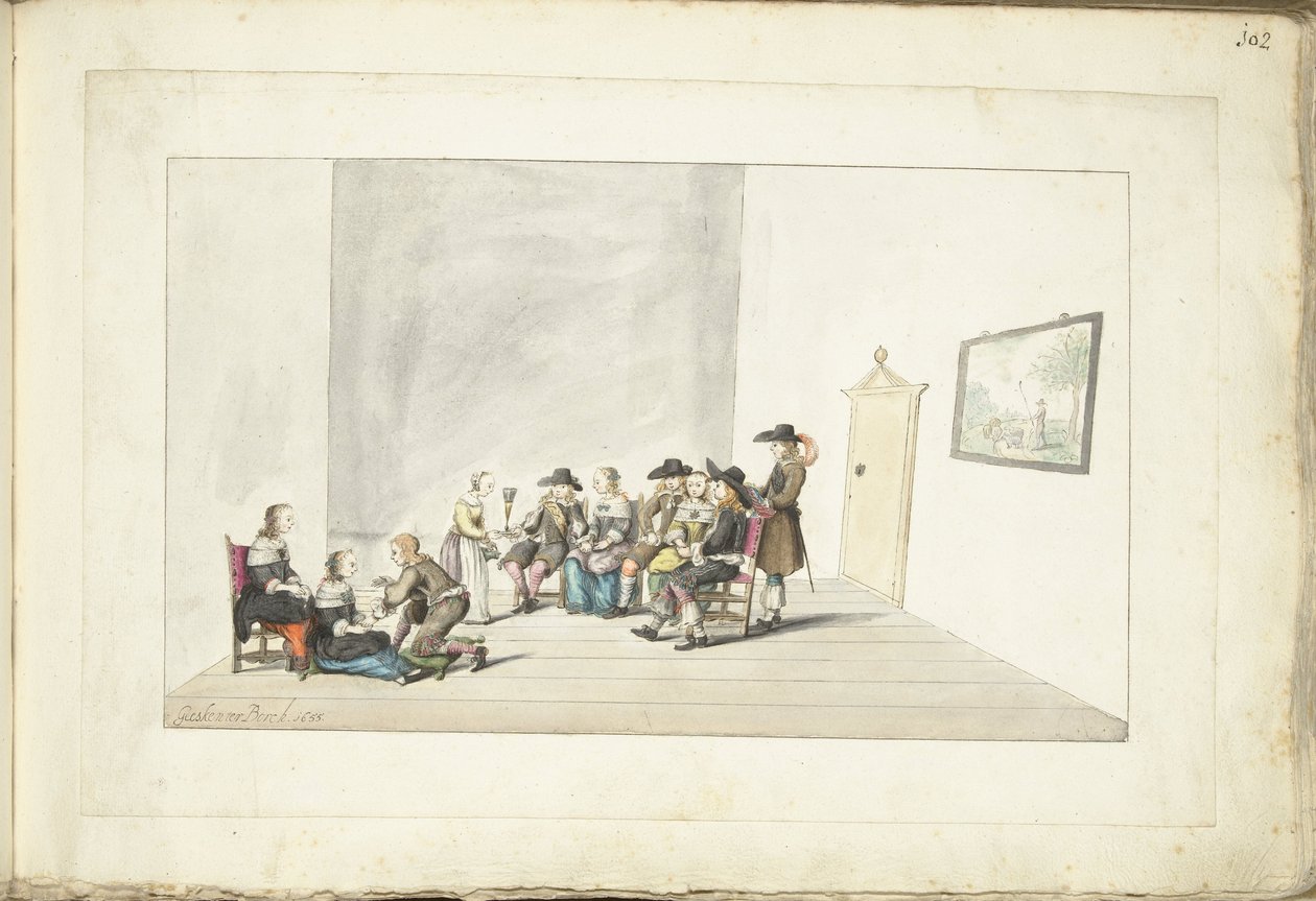Tíz fiatal társasága egy belső térben alkotó: Gesina ter Borch (signed by artist)