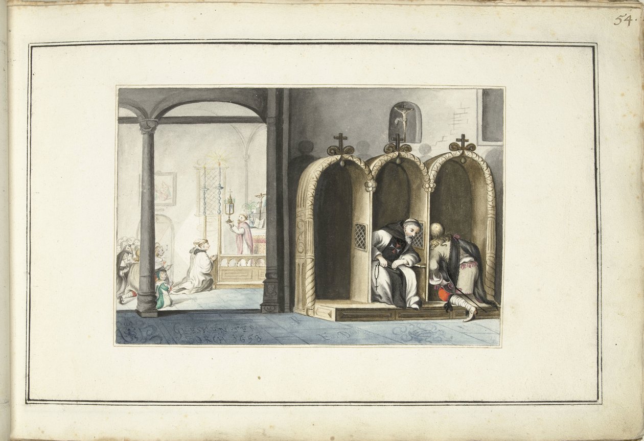 Templombelső gyóntatószékkel alkotó: Gesina ter Borch (signed by artist)