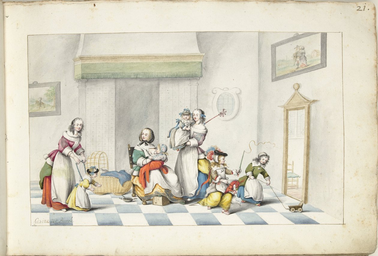 Gyermekszoba három nővel és gyerekkel alkotó: Gesina ter Borch (signed by artist)