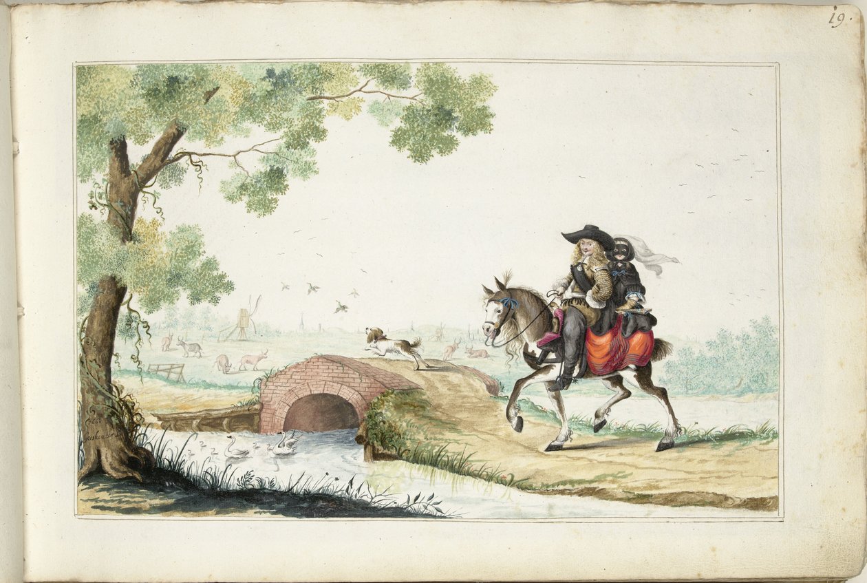 Férfi és álarcos nő lóháton alkotó: Gesina ter Borch (signed by artist)