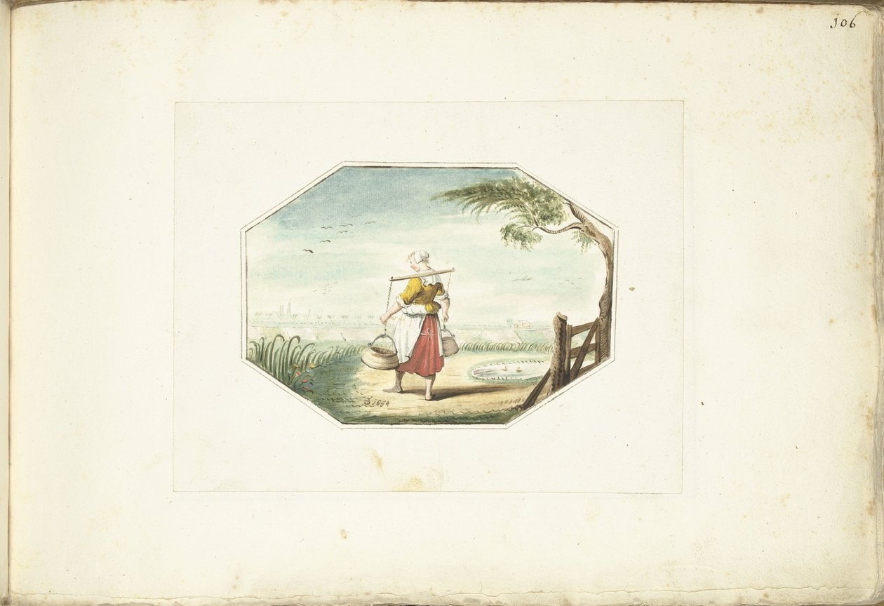 Tejőslány vödrökkel a tájon alkotó: Gesina ter Borch (signed by artist)