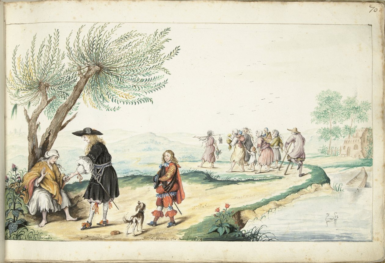 Roma nő egy úriember (Mózes?) kezében olvas. alkotó: Gesina ter Borch (signed by artist)
