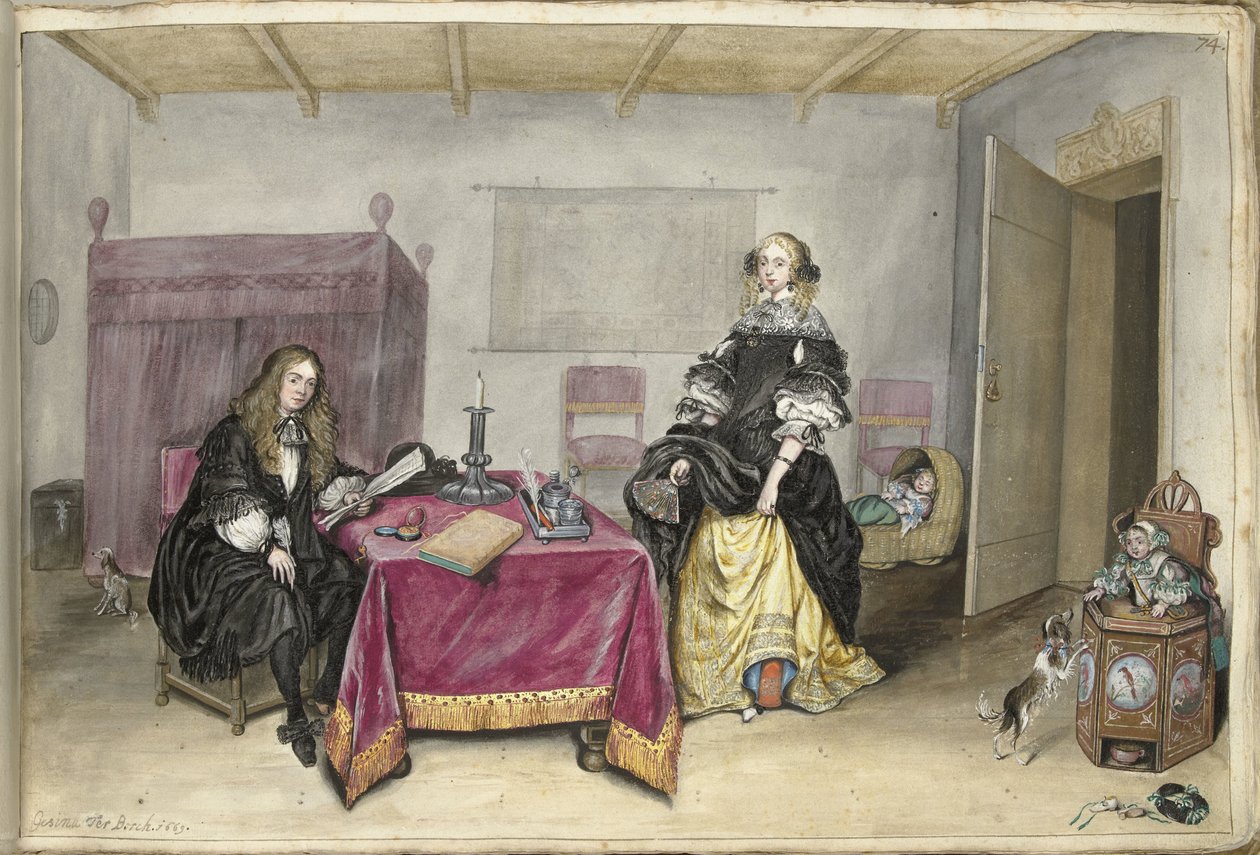 Sijbrant Schellinger és Jenneken ter Borch két gyermekkel egy belső térben alkotó: Gesina ter Borch (signed by artist)