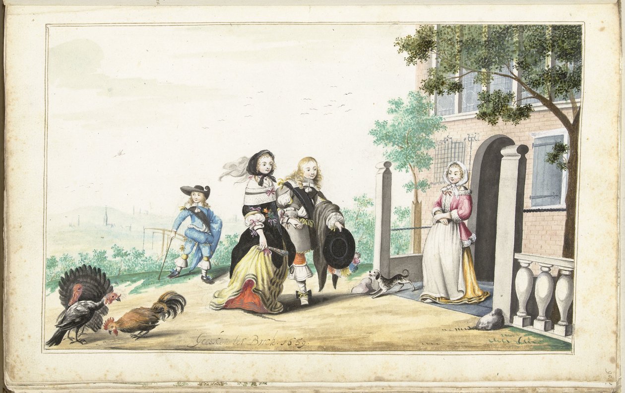 Pár üdvözöl egy hölgyet egy vidéki ház ajtajában alkotó: Gesina ter Borch (signed by artist)