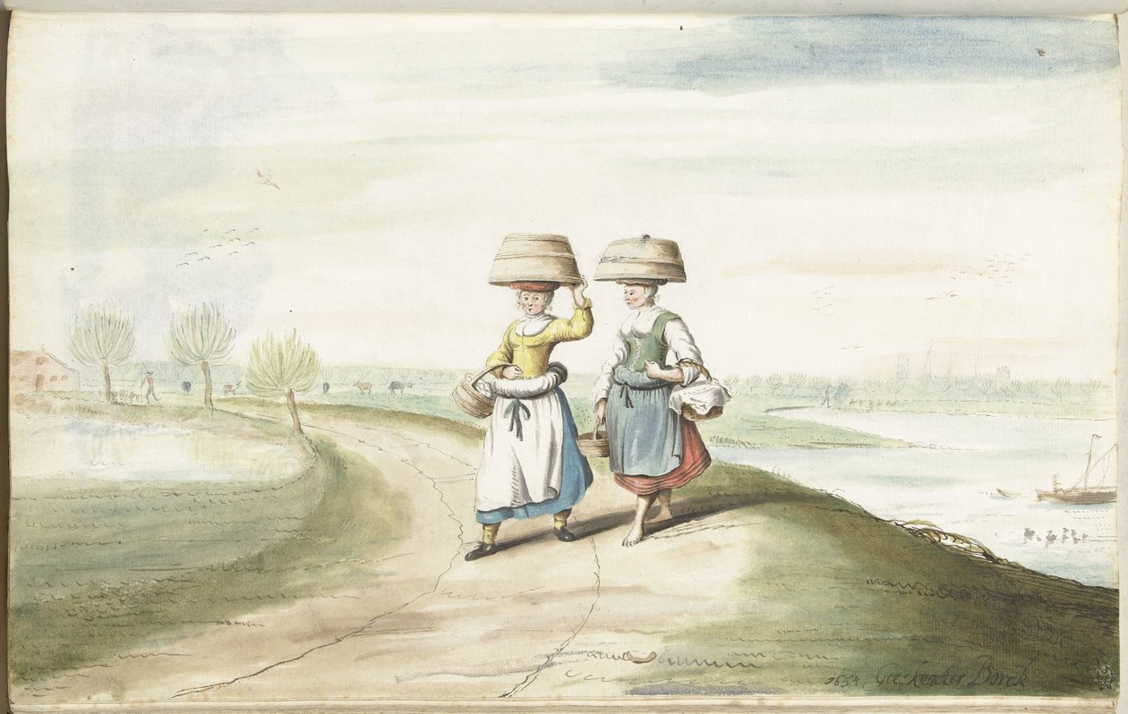 Két parasztasszony sétál a tájon alkotó: Gesina ter Borch (signed by artist)