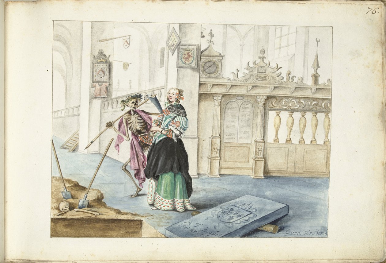 Nő (Aeltien?) a Halál mellett áll a Sint-Michaëlskerkben, Zwolle alkotó: Gesina ter Borch (signed by artist)