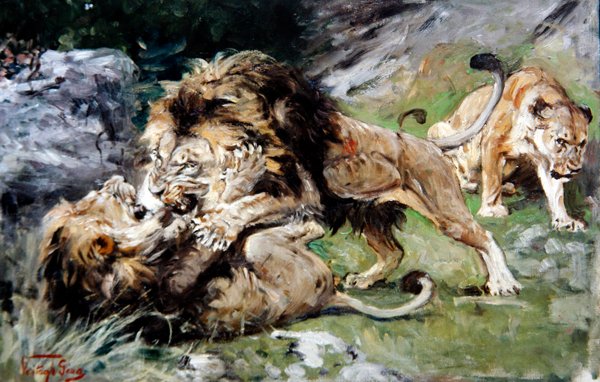 Harcoló barbár oroszlánok, 1890 körül (olaj, vászon) alkotó: Geza Vastagh