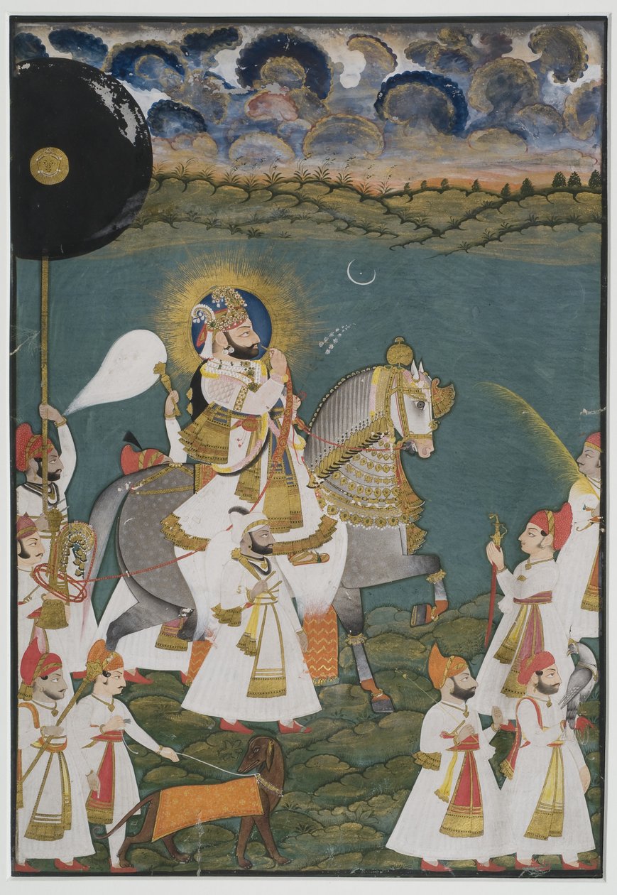 Udaipur-i Maharana Bhim Singh (1778-1828) portréja lóháton, kísérőkkel, 1820 (gouache, papír, arannyal érintve) alkotó: Ghasi Ghasi