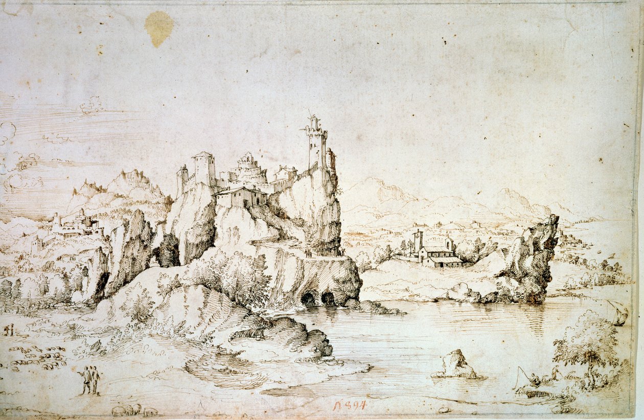 Kastély egy sziklán hegyi tájon, 1540. alkotó: Gherado Cibo