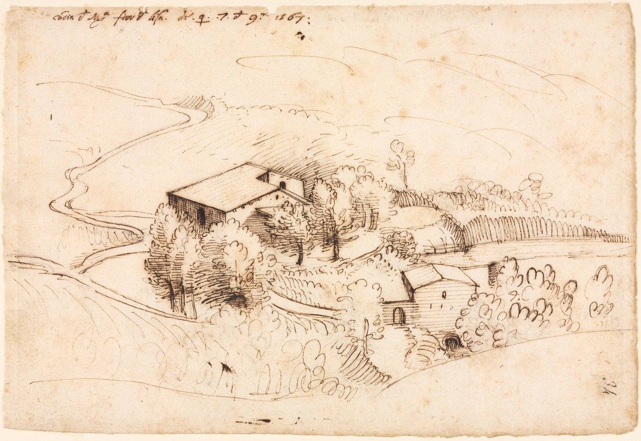 Tanya fákkal dombos tájon, 1567. alkotó: Gherado Cibo