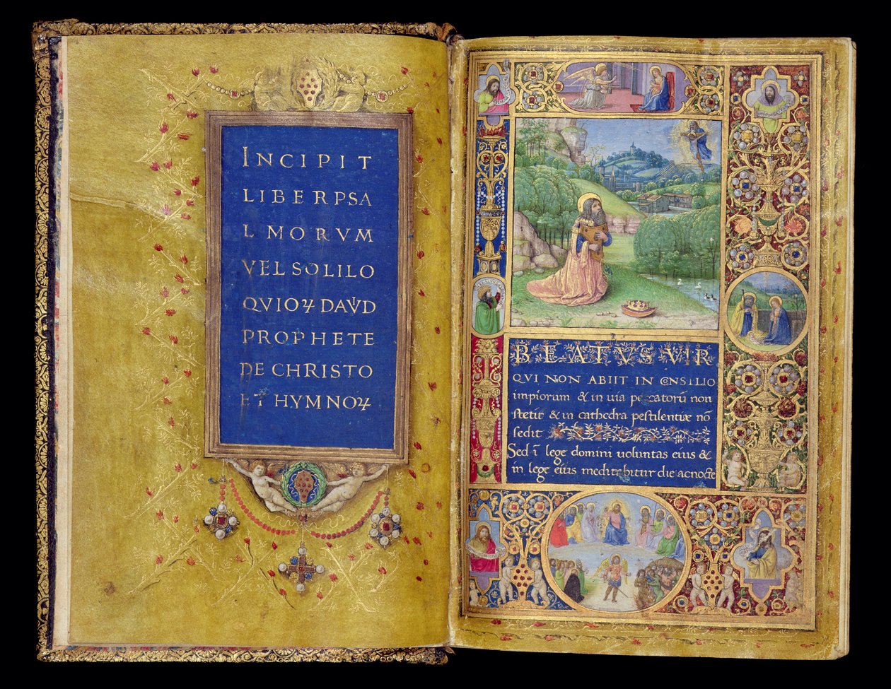 Ms 37-1950, ff.1v-2r: Dávid király címlapja és miniatúrája imádságban, a Medici Zsoltárból, Firenze, 1480-90 körül (arany tinta és tempera pergamenen) alkotó: Gherardo di Giovanni di Miniato