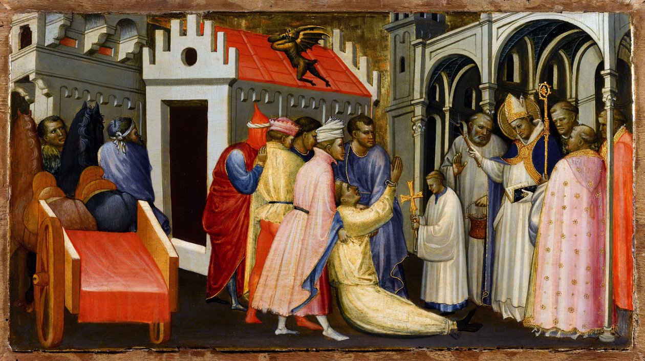 Avaloni Szent Hugh (1140-1200) vagy Lincolni Szent Hugh egy ördögtől megszállt embert űz ki - Lincolni Szent Hugh egy ördögtől megszállt embert - Gherardo Starnina (kb. 1364-1413) festménye - 1404-1407 Tempera a panelen - 28,4x50,4 - alkotó: Gherardo Starnina