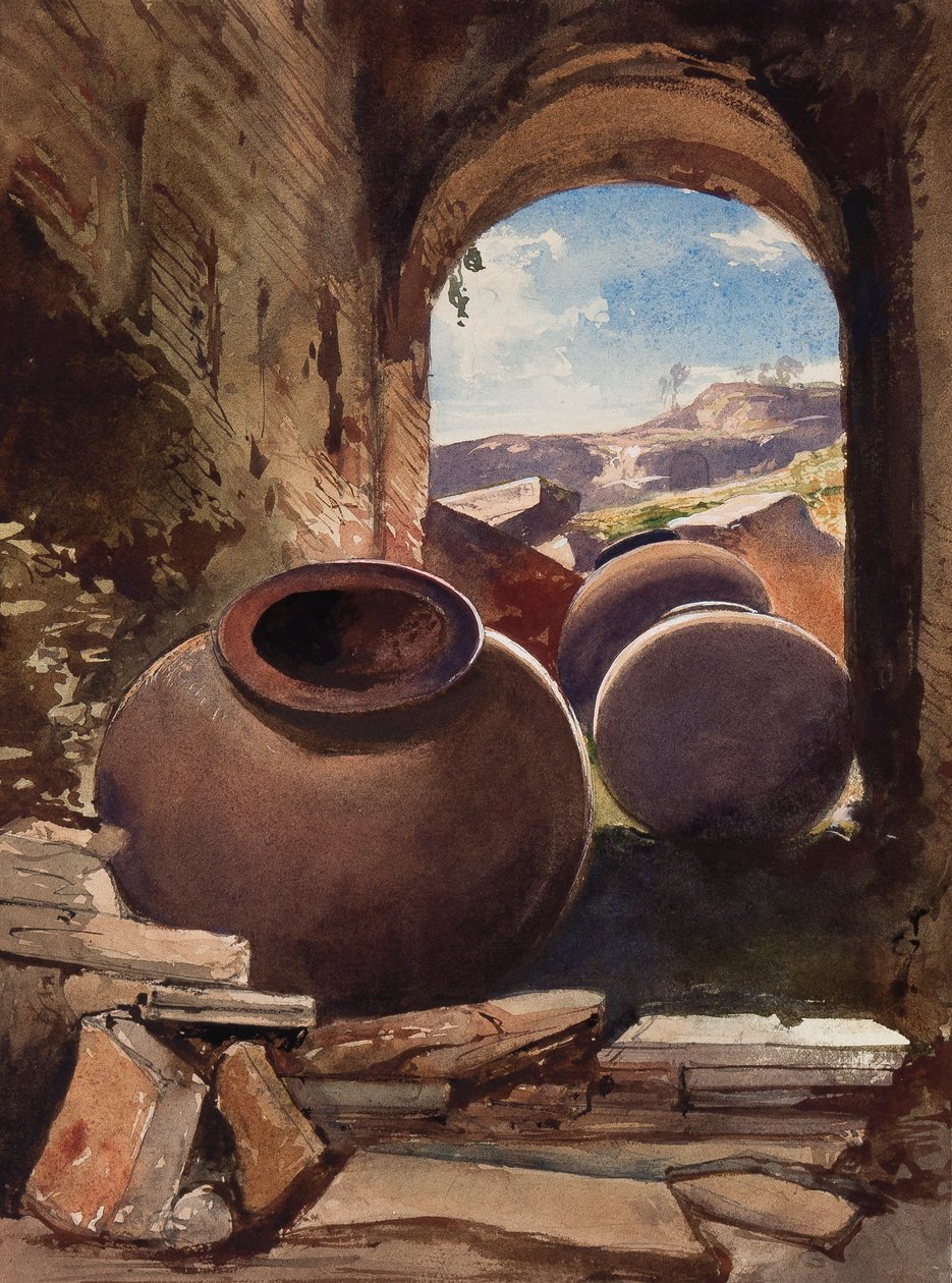 Amforák egy romban, egy Borbone pupillával kiegészítve (ceruza, wc és gouache papíron) alkotó: Giacinto Gigante