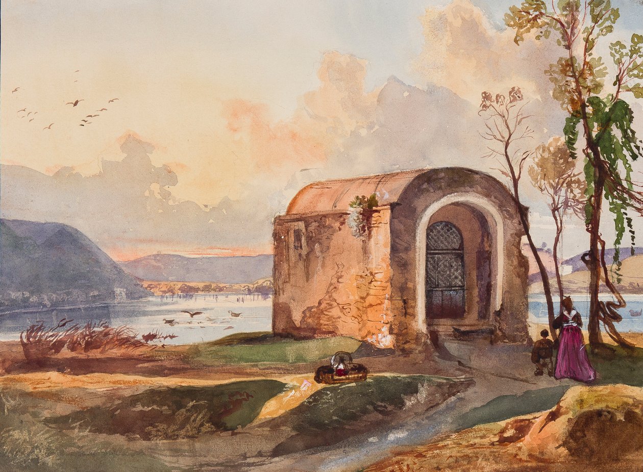 Kápolna a Lucrino-tó mellett, egy borbone tanítvány, valószínűleg Maria Annunziata di Borbone hercegnő (1843-1871) kiegészítésével (ceruza, wc és gouache papíron) alkotó: Giacinto Gigante