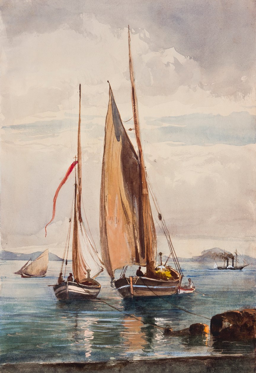 Halászhajók és gőzhajó, Alfonso Maria di Borbone herceg (1841-1934) kiegészítésével (ceruza, wc és gouache papíron) alkotó: Giacinto Gigante