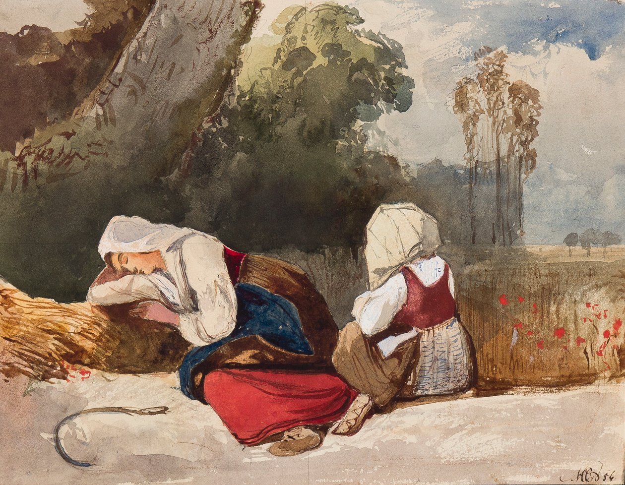 Gyűjtögetők pihennek, Maria Annunziata di Borbone hercegnő (1843-1871) kiegészítéseivel, 1854 (ceruza, wc és gouache, papír) alkotó: Giacinto Gigante