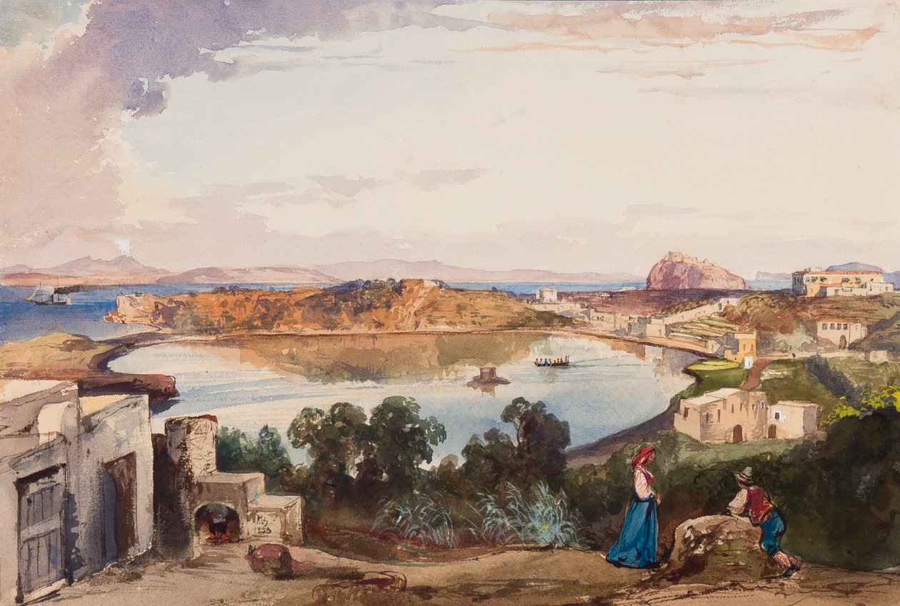 Ischia, a kaldera közvetlenül a tenger bejárata előtt, jobbra a királyi palota, Alfonso Maria di Borbone herceg (1841-1934) kiegészítéseivel, 1853 (ceruza, wc és gouache papíron) alkotó: Giacinto Gigante