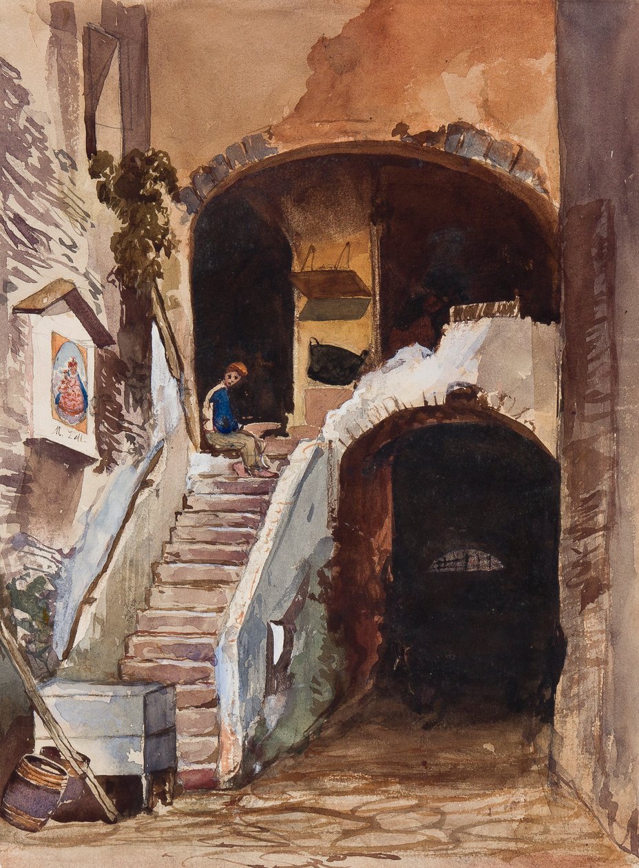Nápolyi ház, Borbone tanítvány kiegészítésével (ceruza, wc és gouache papíron) alkotó: Giacinto Gigante