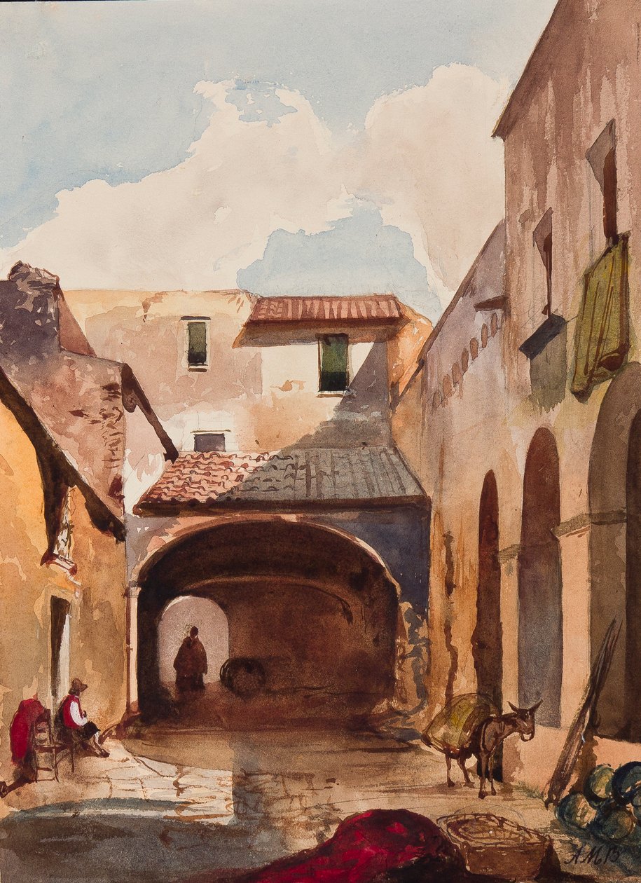 Átjáró és utca figurákkal, Alfonso Maria di Borbone herceg (1841-1934) kiegészítéseivel, 1853 (ceruza, wc és gouache, papír) alkotó: Giacinto Gigante