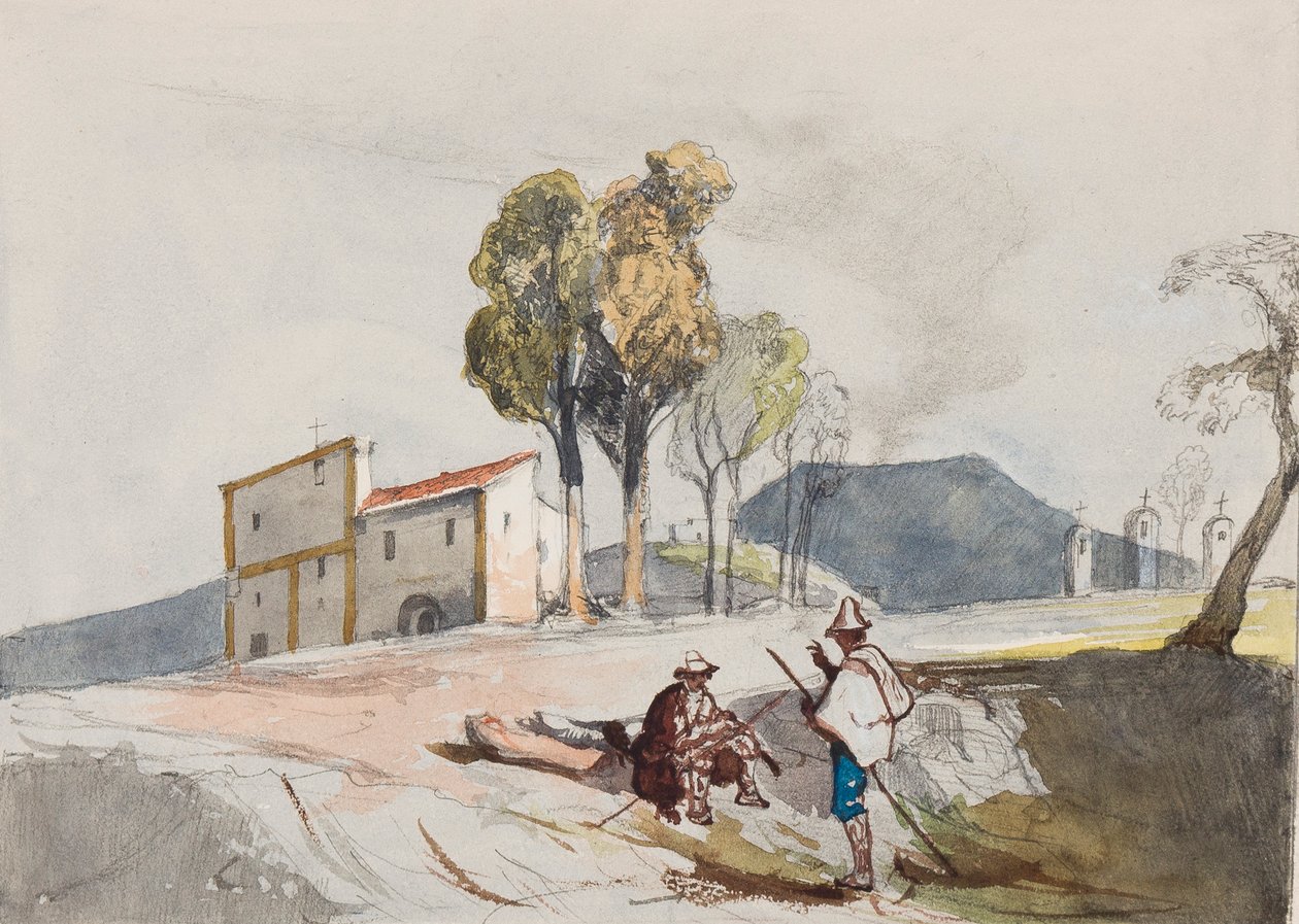 Pásztorok a Vezúval a távolban, Borbone-tanuló kiegészítéseivel (ceruza, wc és gouache papíron) alkotó: Giacinto Gigante