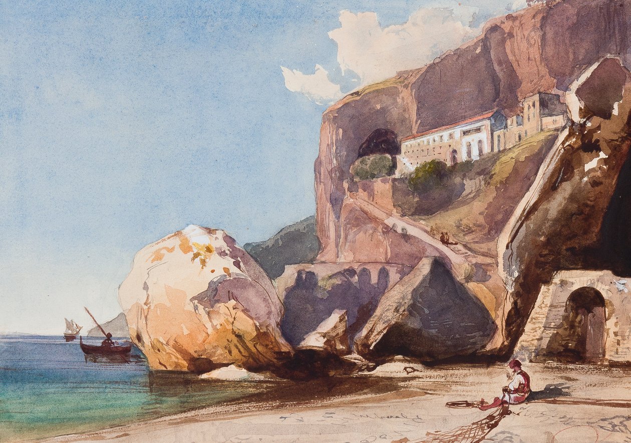 Az amalfis kapucinus kolostor a tengerpartról, Alfonso Maria di Borbone herceg (1841-1934) kiegészítéseivel (ceruza, wc és gouache, papír) alkotó: Giacinto Gigante