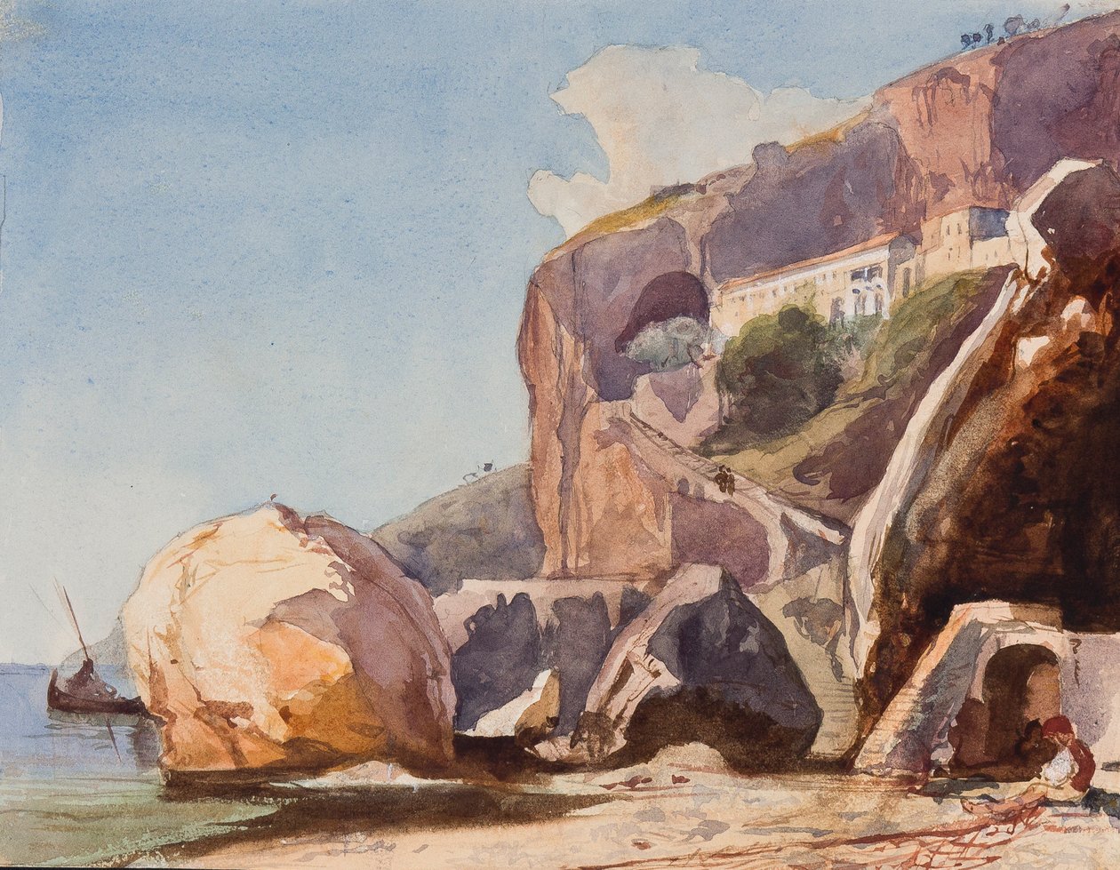 Az amalfi kapucinus kolostor a tengerpartról, egy Borbone tanítvány kiegészítésével (ceruza, wc és gouache papíron) alkotó: Giacinto Gigante