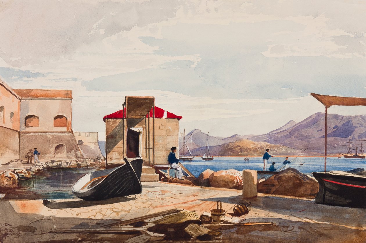 A gaetai kikötő, Maria Annunziata di Borbone hercegnő (1843-1871) kiegészítéseivel (ceruza, wc és gouache papíron) alkotó: Giacinto Gigante