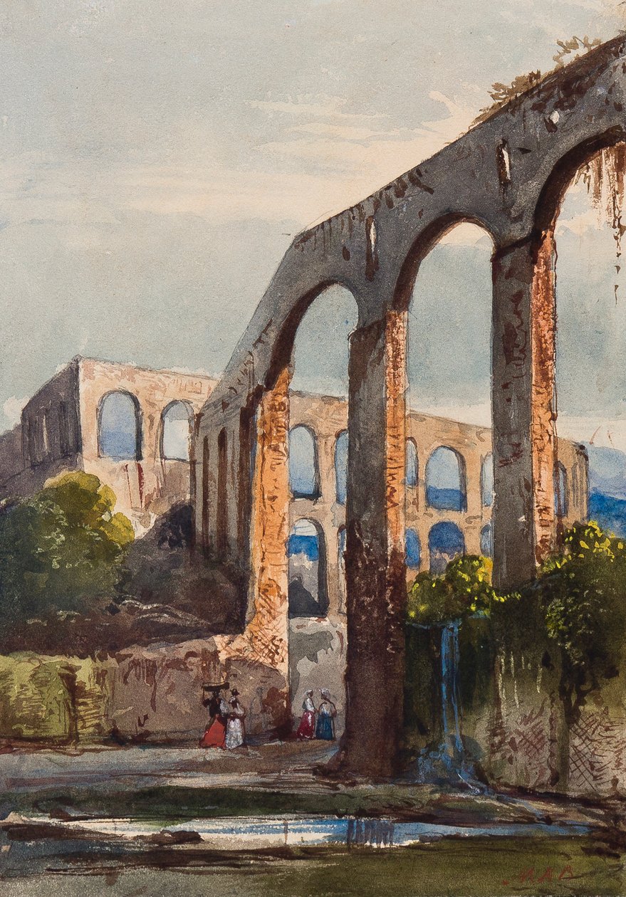 Nők a római vízvezeték alatt Maddaloniban, Maria Annunziata di Borbone hercegnő (1843-1871) kiegészítéseivel (ceruza, wc és gouache papíron) alkotó: Giacinto Gigante