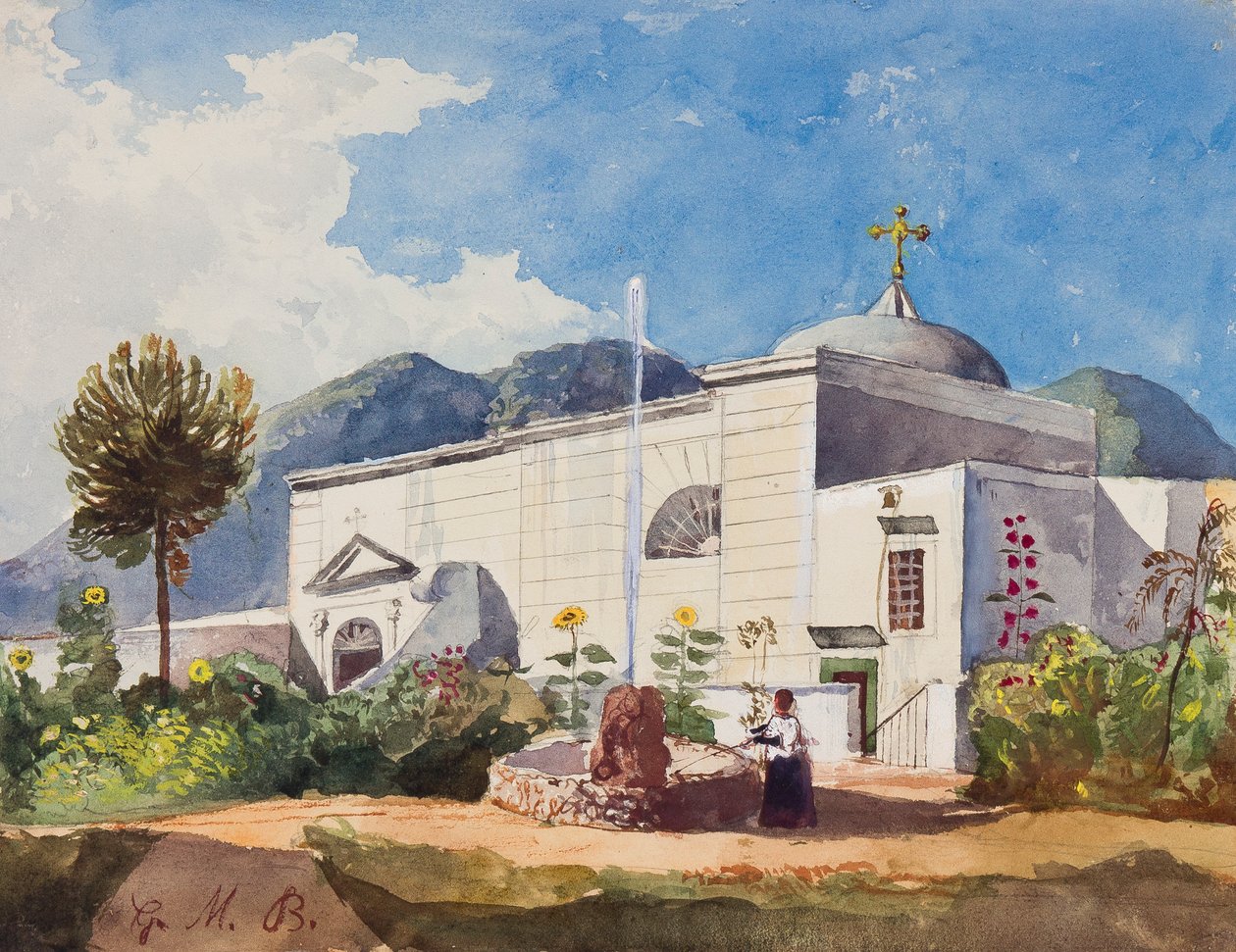 Templom és szökőkút, valószínűleg egy királyi rezidencia kertje, Gaetano Maria Federico di Borbone herceg (1846-1871) kiegészítéseivel (ceruza, wc és gouache, papír) alkotó: Giacinto Gigante