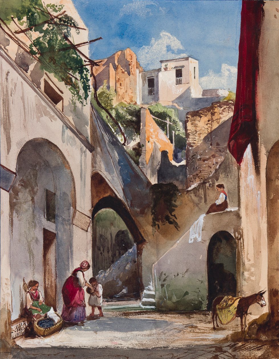 Házak a Sorrentói-félsziget Costierán, Maria Annunziata di Borbone hercegnő (1843-1871) kiegészítésével, 1853 (ceruza, wc és gouache papíron) alkotó: Giacinto Gigante