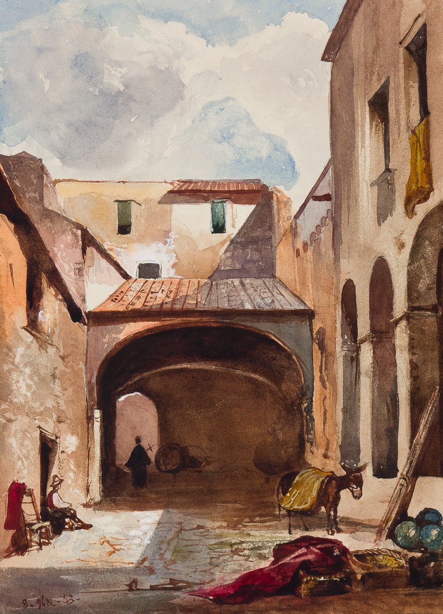 Átjáró és utca figurákkal, egy Borbone-tanítvány kiegészítésével, esetleg Alfonso Maria di Borbone herceg (1841-1934), 1853 (ceruza, wc és gouache papíron) alkotó: Giacinto Gigante
