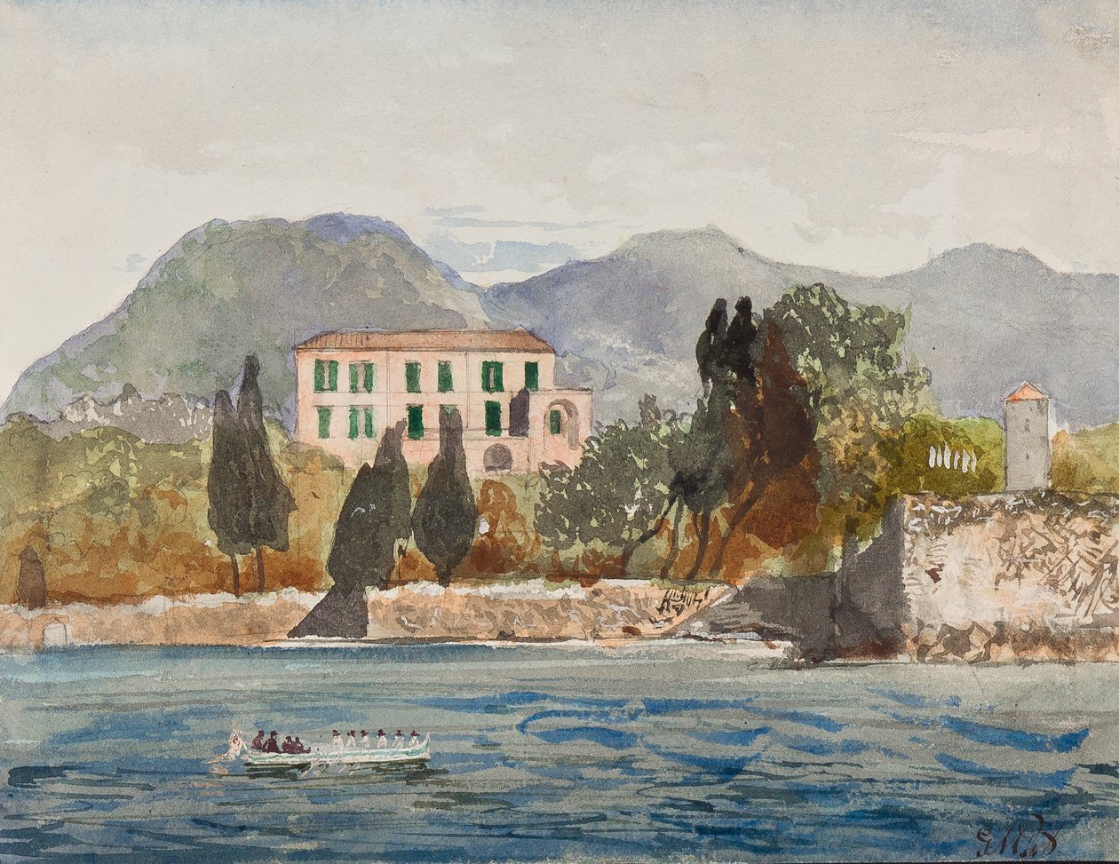 Borbone zászlós evezős bárka egy nagy házhoz közelít a nápolyi tengerparton, Gaetano Maria Federico di Borbone herceg (1846-1871) kiegészítéseivel (ceruza, wc és gouache) alkotó: Giacinto Gigante