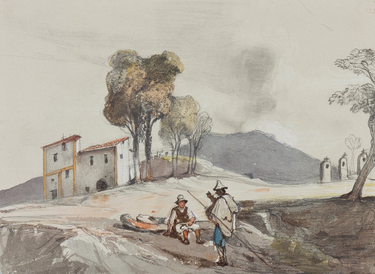 Pásztorok a Vezúval a távolban, Borbone-tanuló kiegészítéseivel (ceruza, wc és gouache papíron) alkotó: Giacinto Gigante