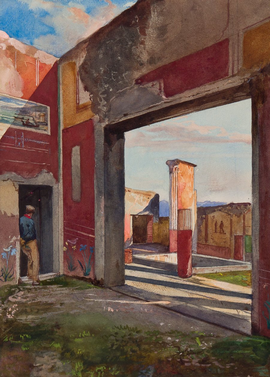 A Pompeji Castor és Pollux háza hivatalos útmutatóval, Borbone kiegészítésével tanuló (ceruza, wc és gouache papíron) alkotó: Giacinto Gigante