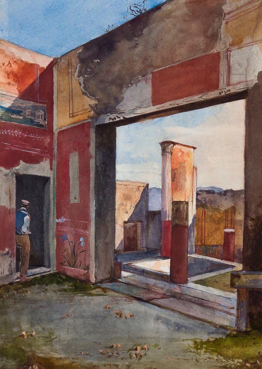 A Pompeji Castor és Pollux háza hivatalos útmutatóval, Borbone kiegészítésével tanuló (ceruza, wc és gouache papíron) alkotó: Giacinto Gigante