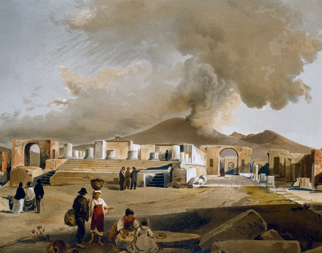 Kilátás a fórumra és a pompeji Jupiter-templomra, Giacinto Gigante (1806-1876) illusztrációja a Pompeii házak és emlékművekből, Fausto és Felice Niccolini alkotó: Giacinto Gigante