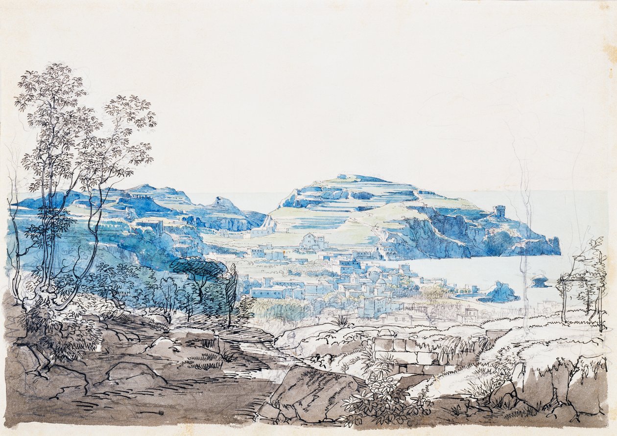 Ischia látképe (Lacco Ameno), c. 1845 (ceruza, toll és akvarell) alkotó: Giacinto Gigante
