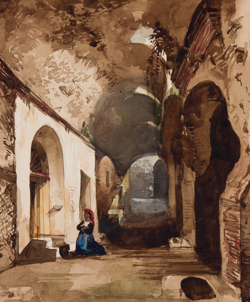 Nő imádkozik a pozzuolii amfiteátrum boltozatos szentélyében, Maria Annunziata di Borbone hercegnő (1843-1871) kiegészítéseivel (ceruza, wc és gouache, papír). alkotó: Giacinto Gigante