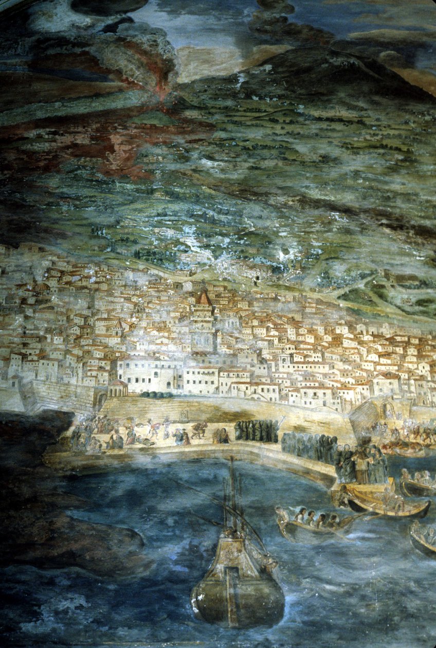 1669-ben Catania városát (Szicília) elpusztította az Etna kitörése. Giacinto Platania festménye. Catania dóm sekrestyéje. alkotó: Giacinto Platanio
