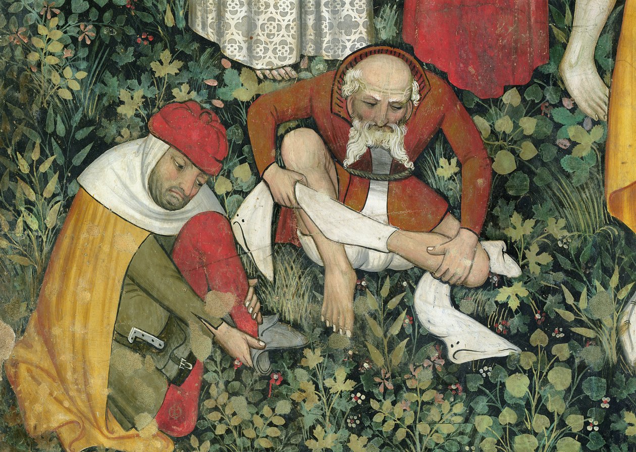 Az élet kútja, idős férfiak vetkőző részlete, 1418-30 freskó alkotó: Giacomo Jaquerio