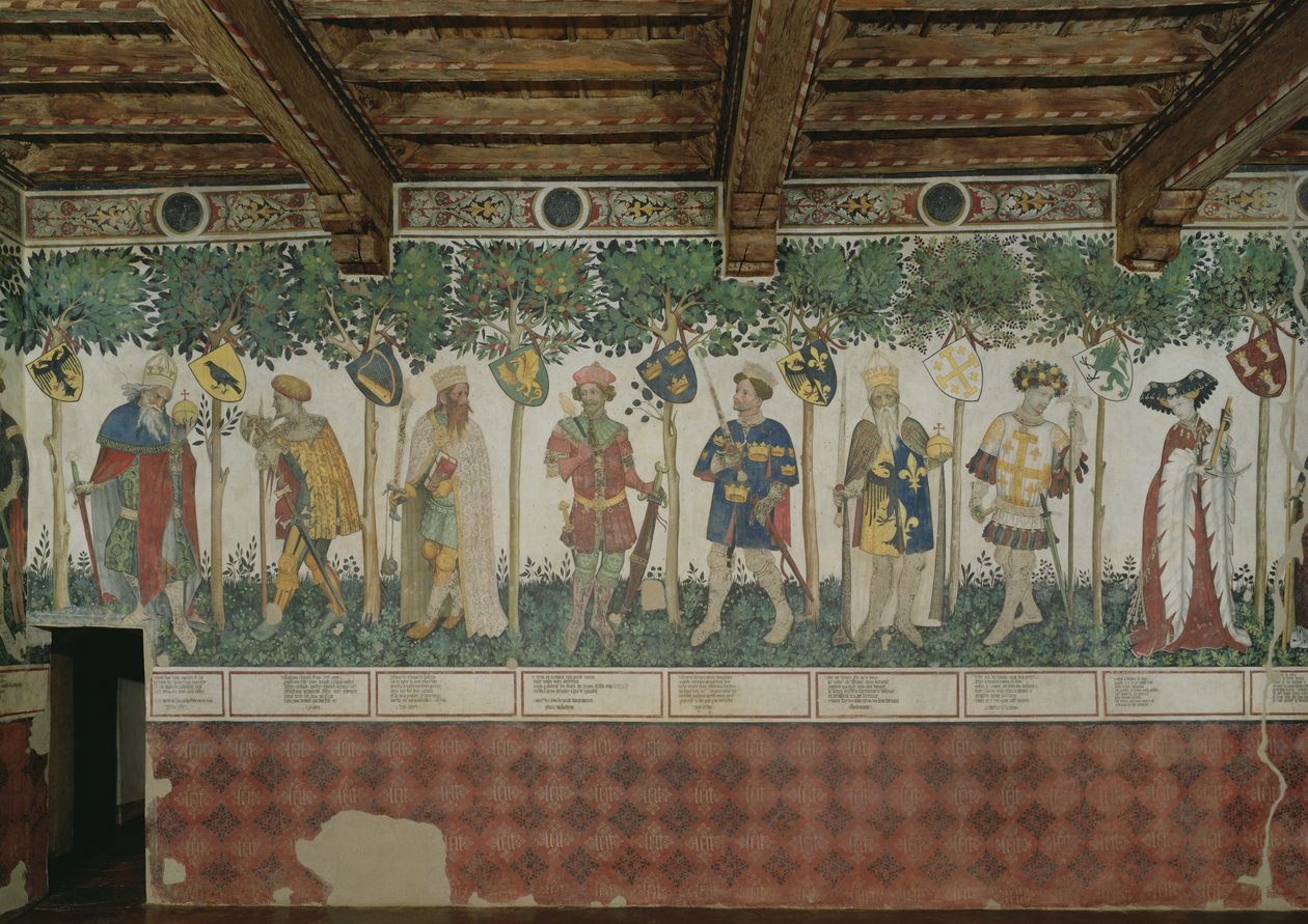 A kilenc érdemes és a kilenc méltó nő, Julius Caesar, Joshua, Dávid király, Judas Maccabeus, Arthur király, Charlemagne, Godfrey de Bouillon és Delphine részlete, 1418-30 alkotó: Giacomo Jaquerio