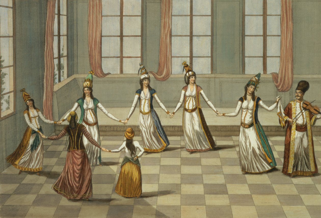 A konstantinápolyi görög nőknél divatos tánc, egy zsebkendőt tartó nő vezetésével, Ignazio Colombo metszetével, 1816 körül alkotó: Giacomo Leonardis