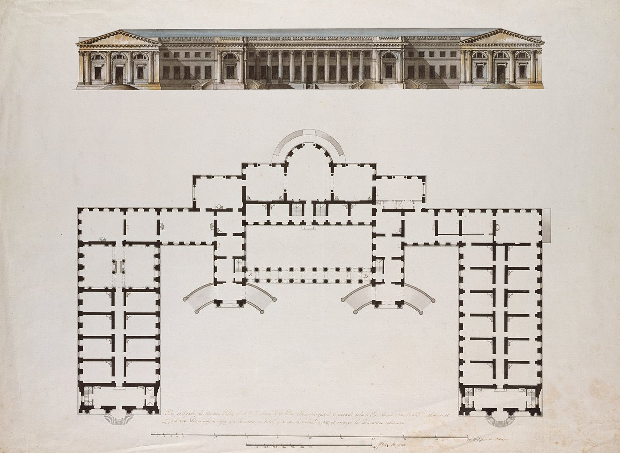 A Carskoe Selo-i Sándor-palota északi domborzata és alaprajza, 1780-as évek (toll és fekete-barna tinta, szürke mosás és WC papíron) alkotó: Giacomo Antonio Domenico Quarenghi