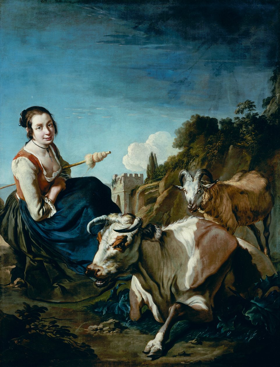 Egy lány tehénnel és báránnyal sziklás tájon, 1700 körül (olaj, vászon) alkotó: Giacomo Ceruti